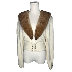 Vintage Linden O Fur Collar Silk Knit Cardigan Sweater Luxury Grandma Chic